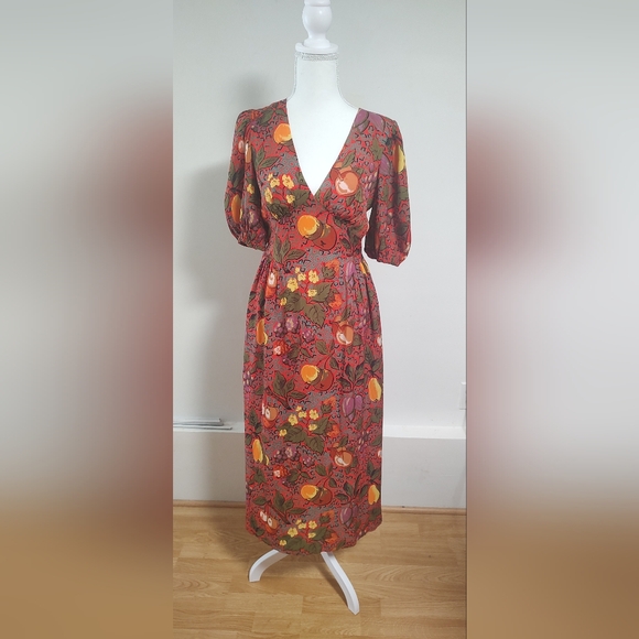 RHODE Dress Womens Size 6 Midi Fruits Floral Viscose V-Neck Red Pockets Boho - Picture 3 of 5